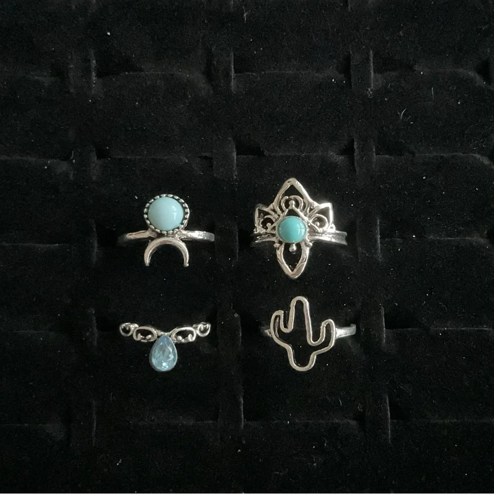 Silver Tone Rings x4 Cactus Cross Synthetic Blue Topaz Turquoise Boho Set Size 4